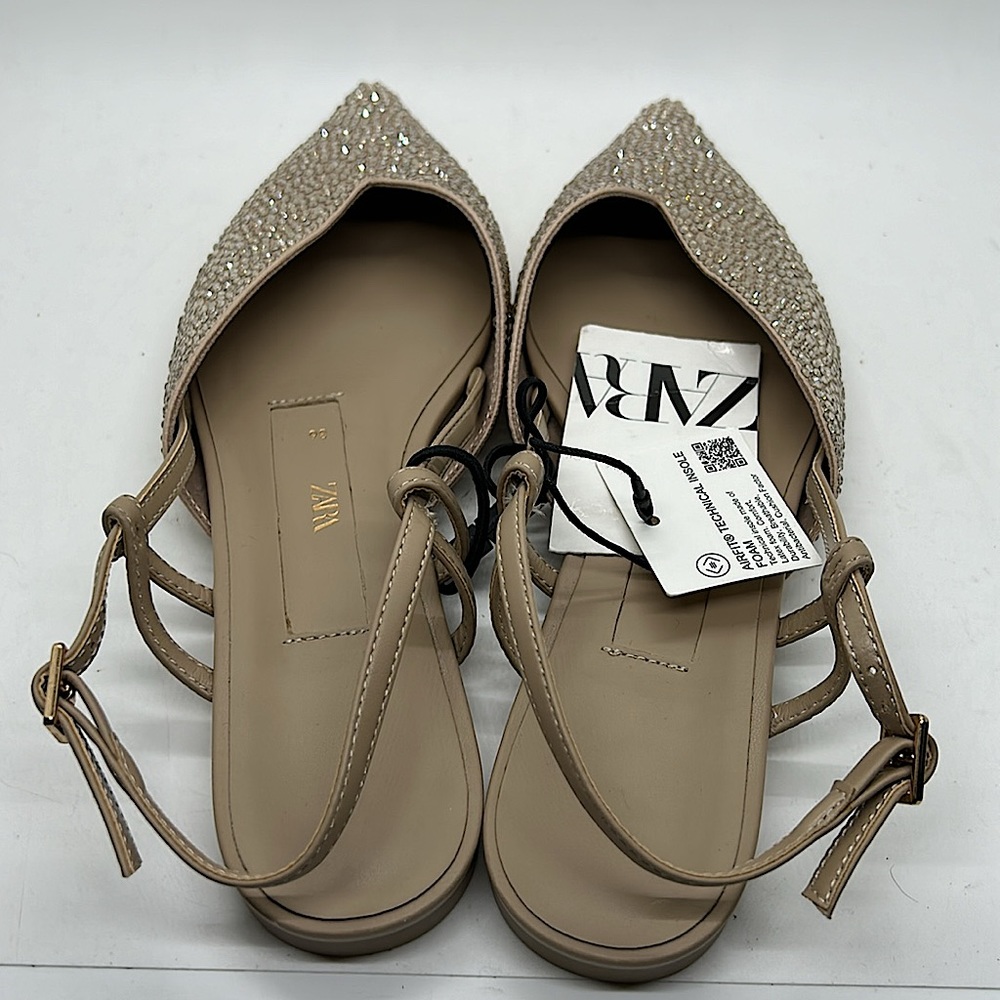 Zara NWT Tan Glittery Rhinestones Pointed Toe Flats Shoes **Size 36/US 6** 🌸🌸 - Picture 5 of 6